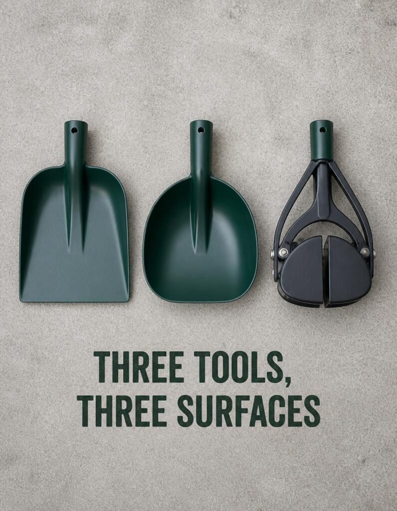 Two spade-style pooper scoopers and a claw scoop laid on concrete