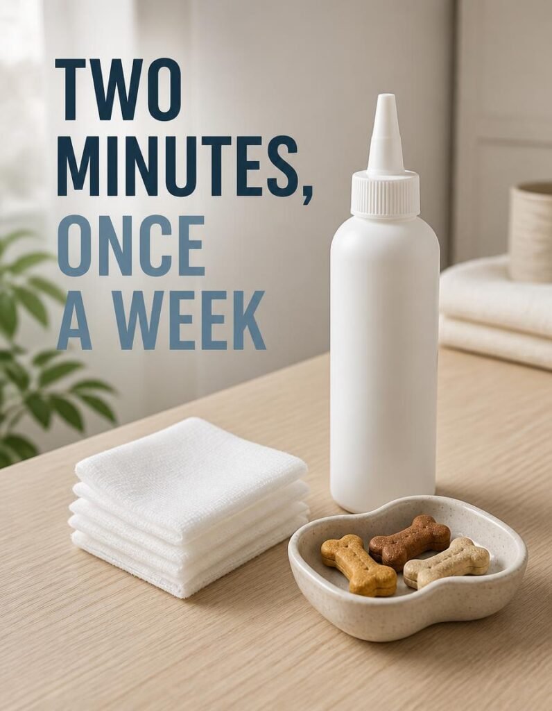 White dog ear cleaner bottle, labelled Once a Week