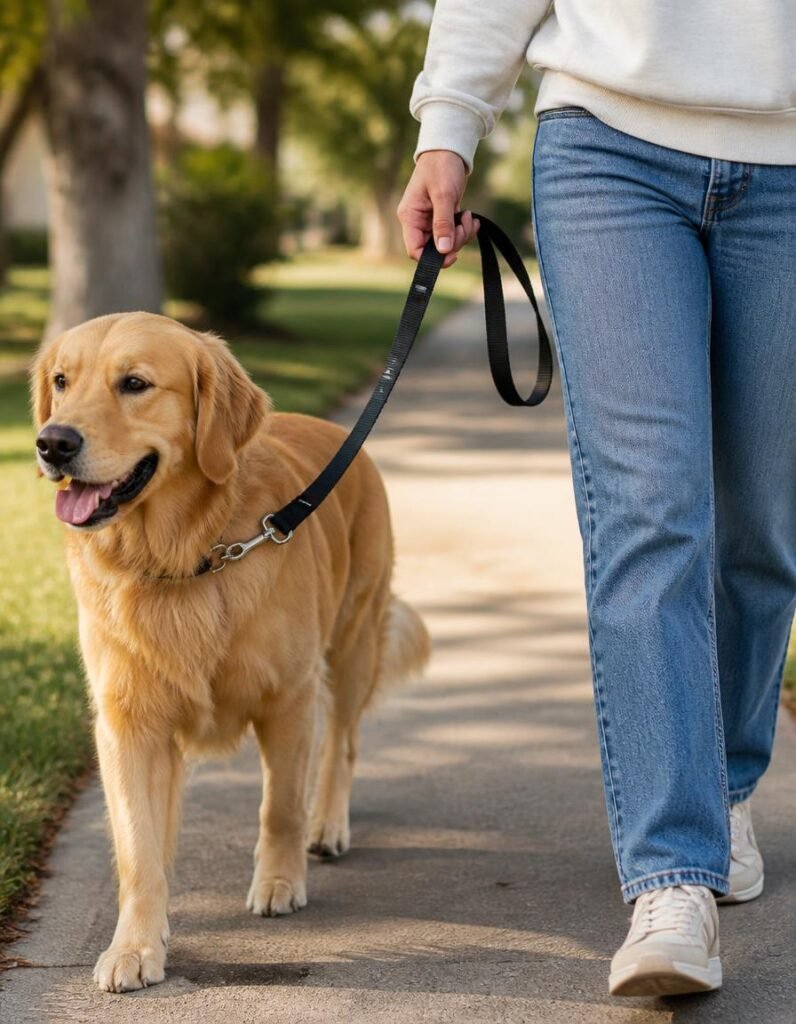 PetSafe six foot nylon leash in use on a golden retriever during a pavement walk