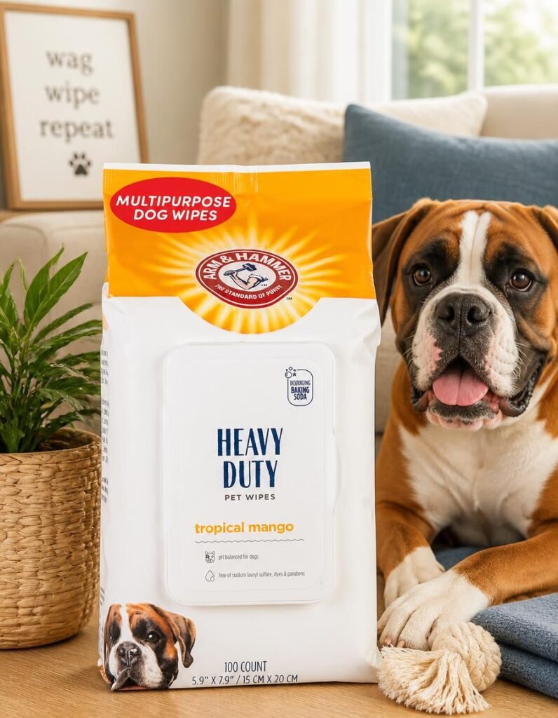 Arm and Hammer heavy duty multipurpose dog wipes pack beside a boxer