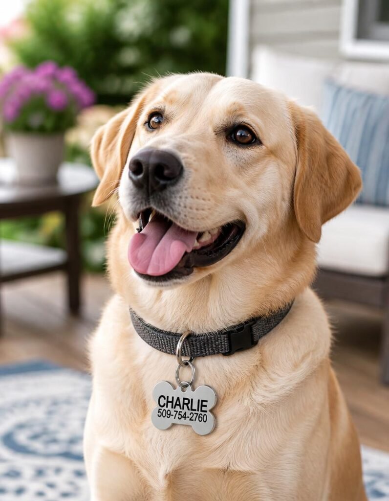 GoTags stainless steel engraved ID tag hanging from a golden retriever's collar