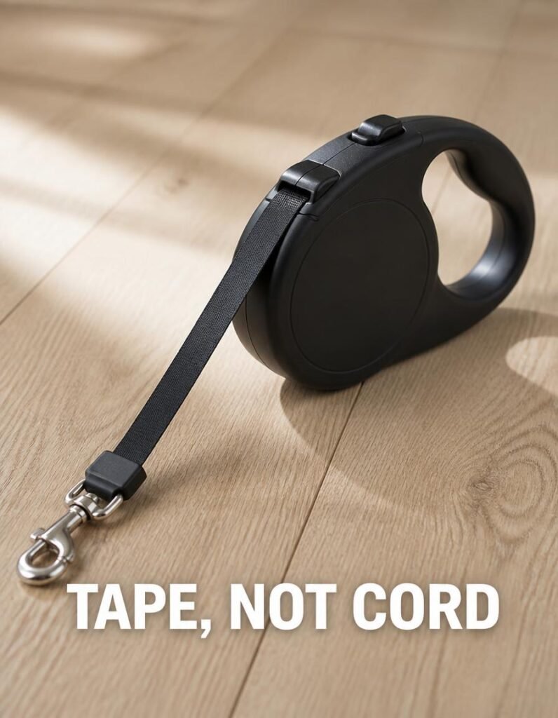 A retractable dog leash with tape webbing lying on a wooden floor