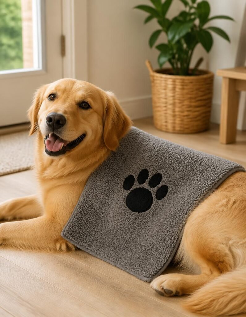Bone Dry pet grooming towel from the three-pack resting on a golden retriever