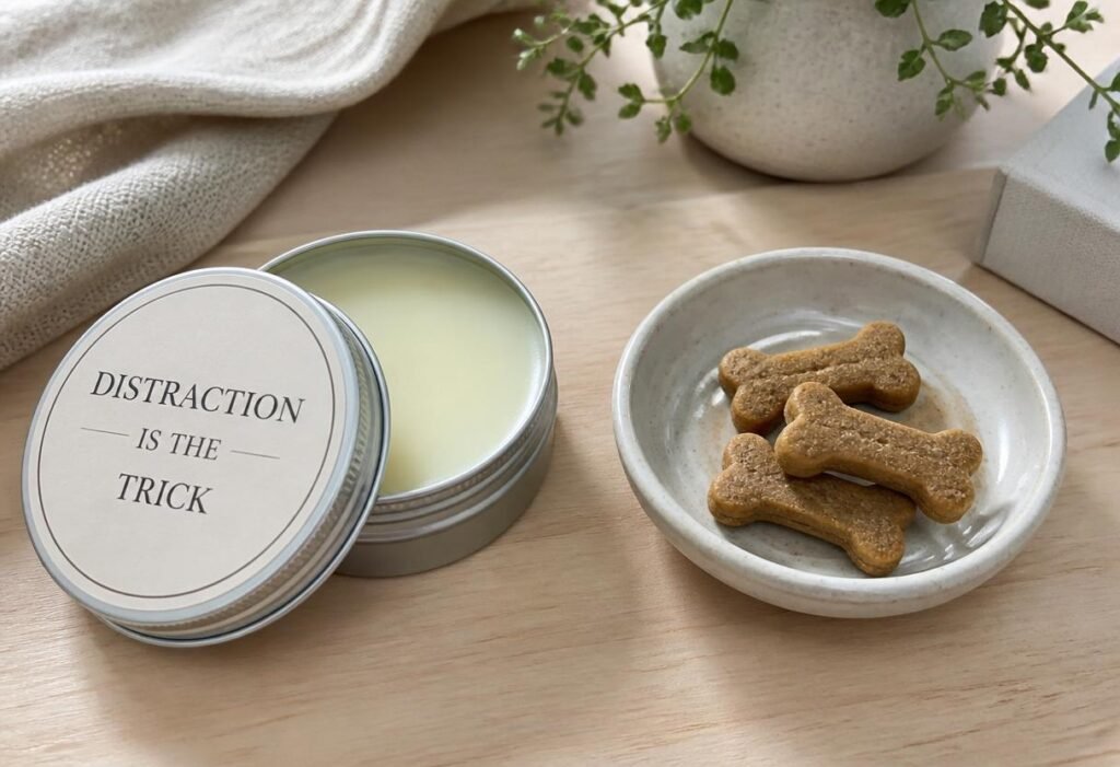 Open paw balm tin beside a dish of bone-shaped treats, labelled Distraction Is the Trick