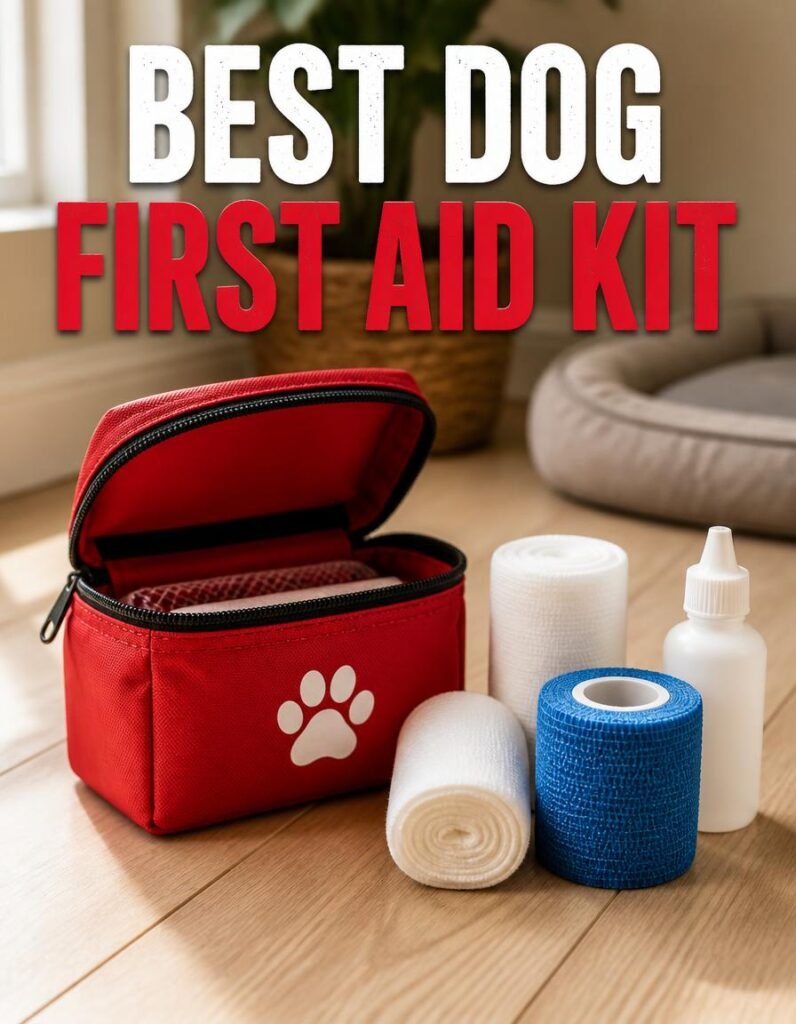 A red zippered pet first aid pouch with a small white paw-print emblem, lying open on pale oak floorboards, with rolled gauze, a roll of blue cohesive bandage wrap and a small white saline bottle arranged neatly beside it. Soft natural window light from the left, shallow depth of field, warm domestic setting, no people, no hands, no text. Overlay text: BEST DOG FIRST AID KIT Alt text: Best dog first aid kit — open red pet first aid pouch with gauze and cohesive wrap
