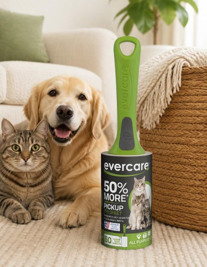 Evercare Extra Sticky lint roller standing on a living room floor beside a golden retriever and a tabby cat
