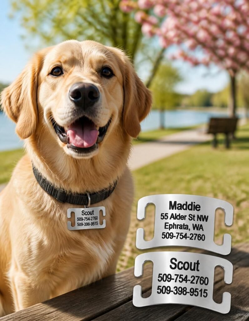 GoTags slide-on silent ID tags shown beside a golden retriever wearing one on its collar