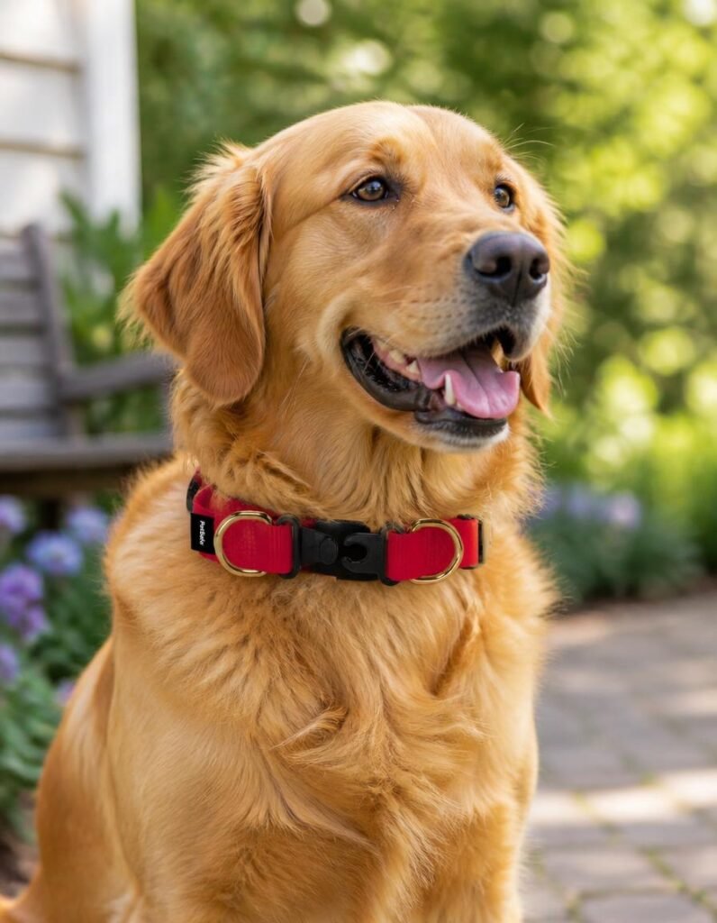 PetSafe KeepSafe break-away collar in red worn by a golden retriever