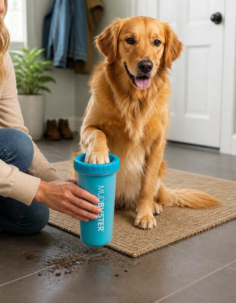 Dexas MudBuster large paw cleaner in use on a golden retriever's paw by the door
