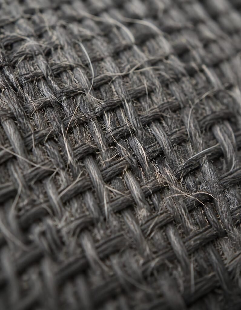 Dog hair worked deep into the weave of a dark grey upholstery fabric, shown close up