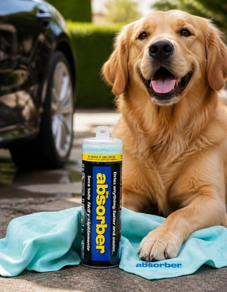 CleanTools The Absorber drying chamois and storage tube beside a golden retriever at a car
