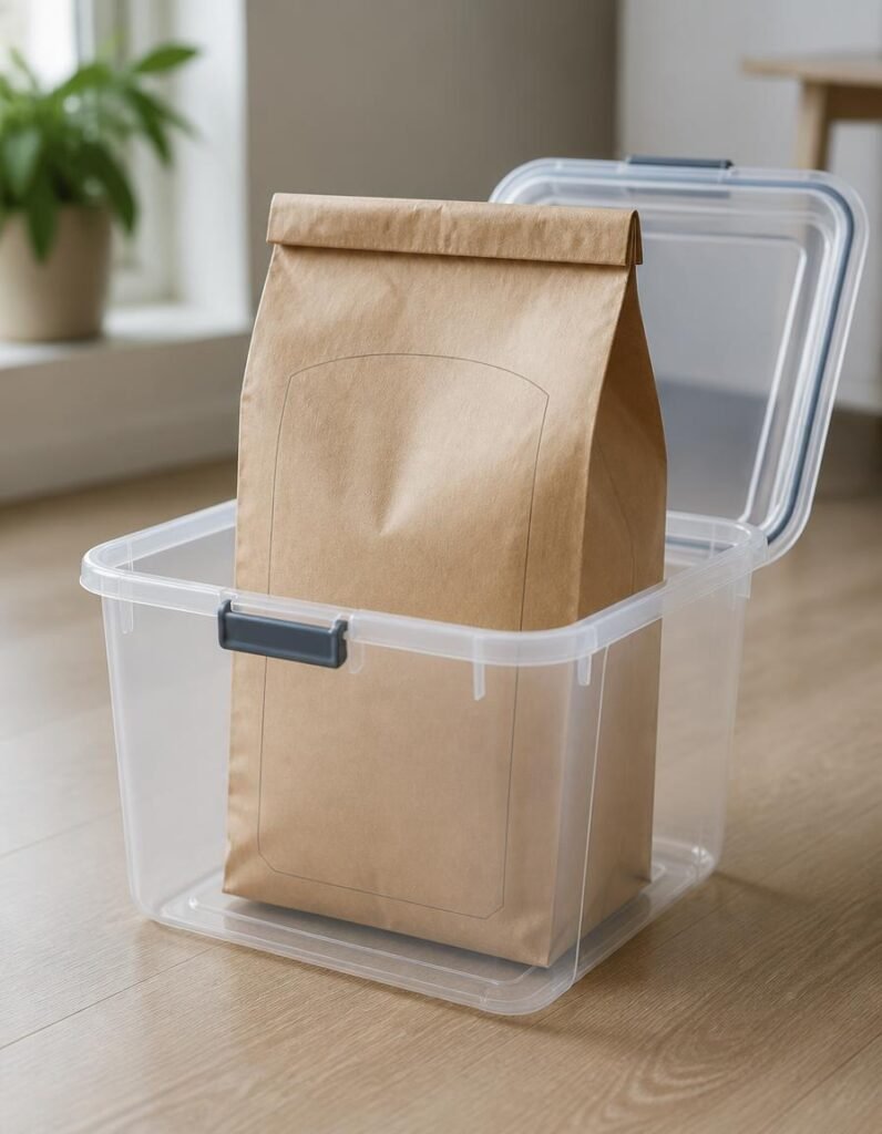 Kraft paper dog food bag sitting inside a clear plastic storage container