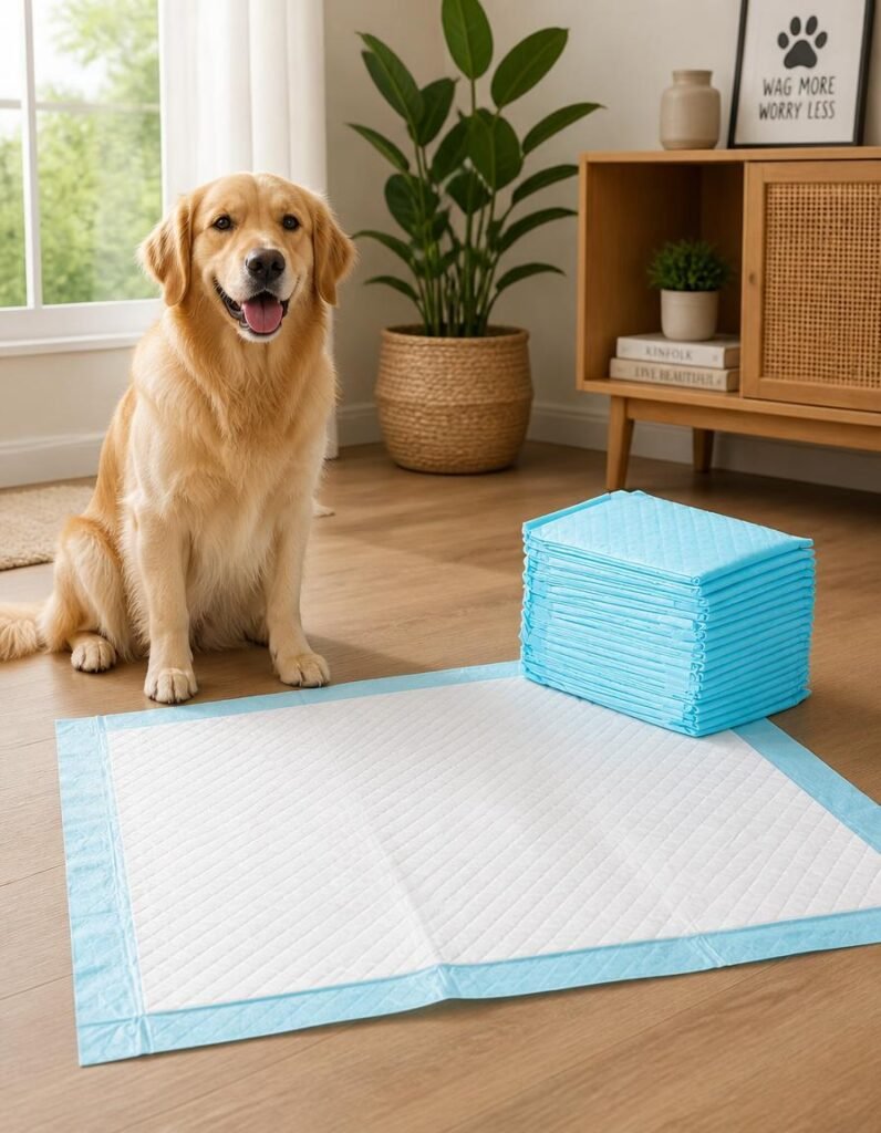Amazon Basics extra large heavy duty pee pads laid out beside a golden retriever