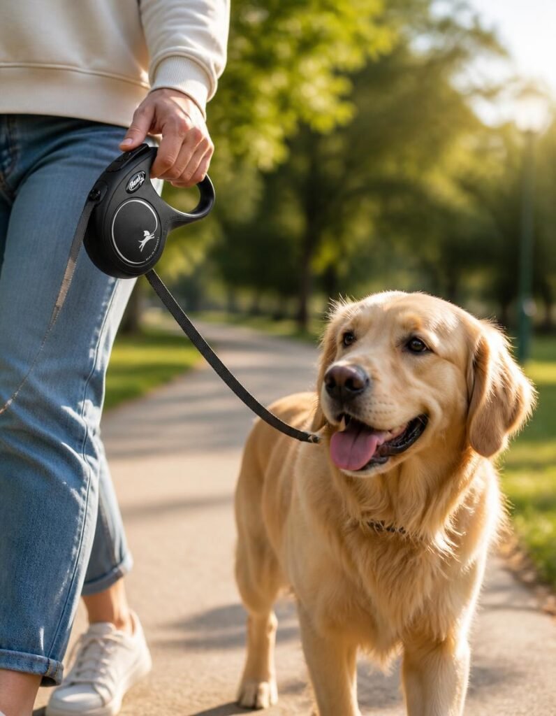 FLEXI New Classic tape retractable leash being used on a golden retriever