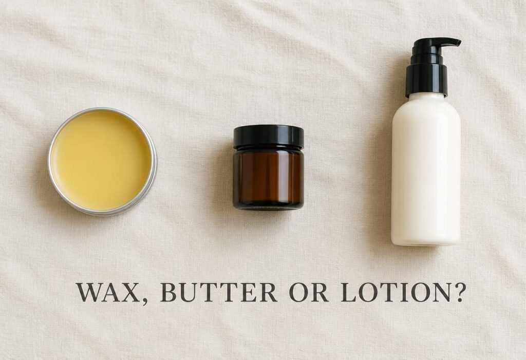 Paw balm tin, amber jar and lotion bottle, labelled Wax, Butter or Lotion