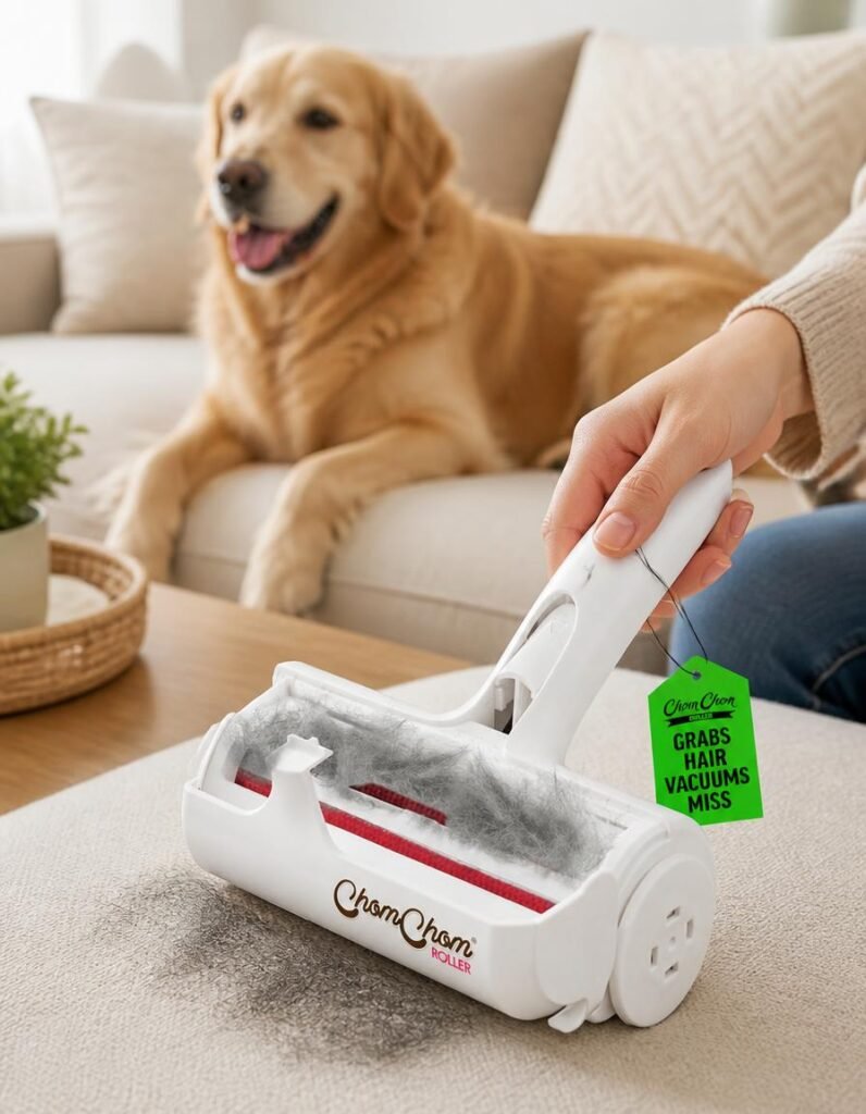 ChomChom Roller dog hair remover lifting grey hair from a cream sofa cushion with a golden retriever sitting behind it