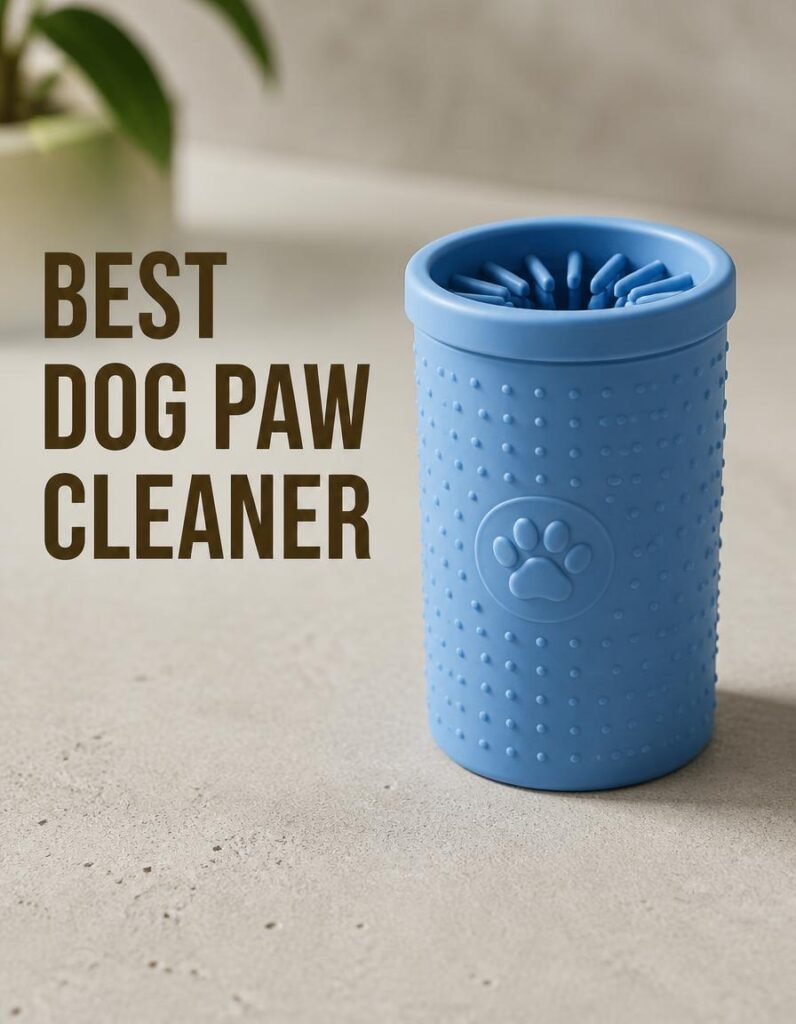 Blue silicone dog paw cleaner cup on a light surface