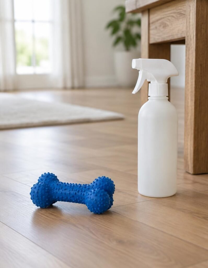 White trigger spray bottle on a wooden floor next to a table leg, with a blue rubber chew bone nearby
