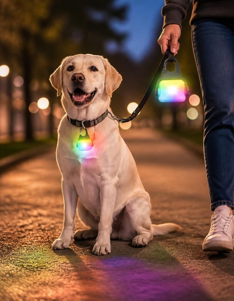 Yellow Labrador sitting on a path at night with a clip-on collar light, and a second light on the owner's leash hand
