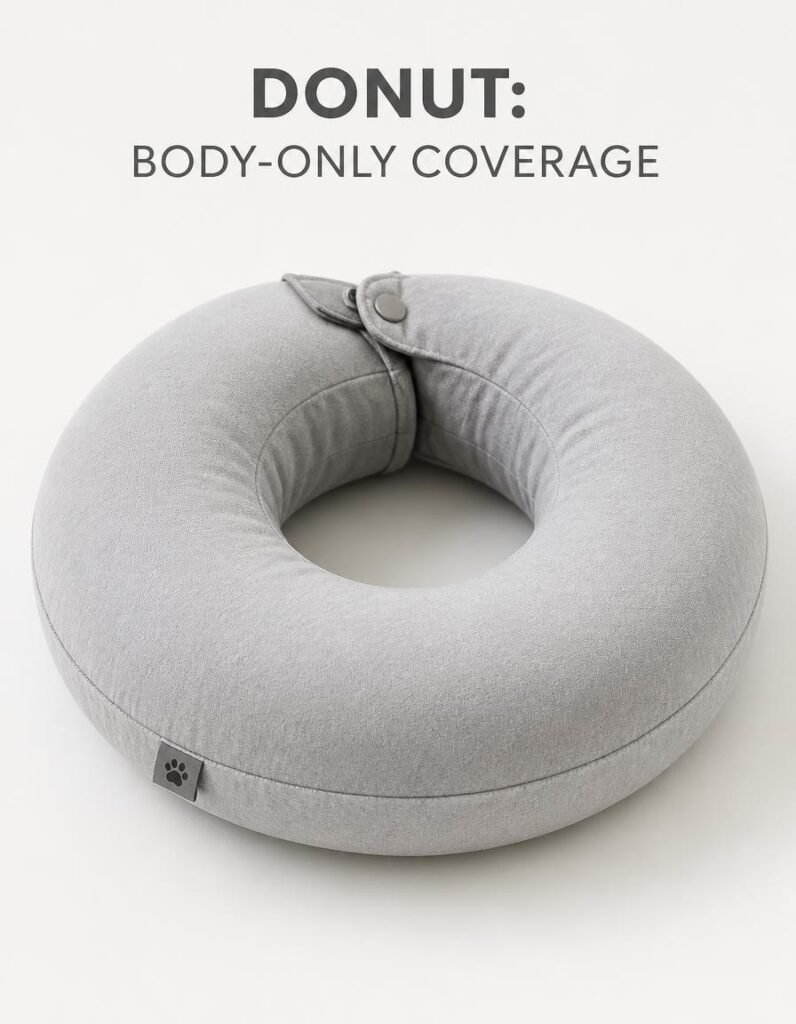 Grey inflatable donut collar for dogs, labelled as body-only coverage