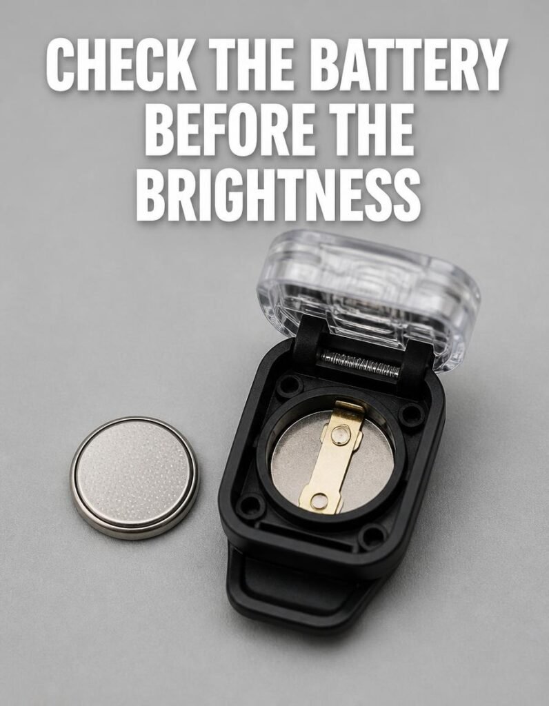 A coin cell battery beside an opened dog collar light housing, showing the battery compartment