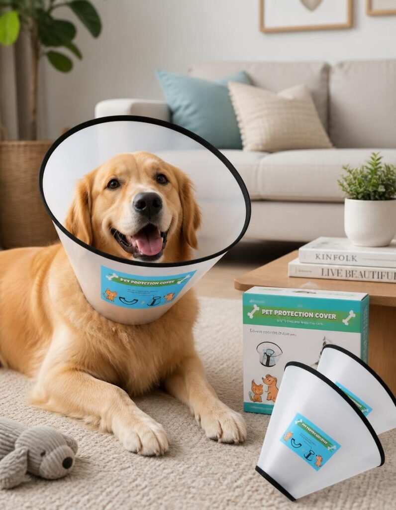 Golden retriever resting in a living room wearing a soft GLADOG dog cone, with a spare cone and its packaging beside it