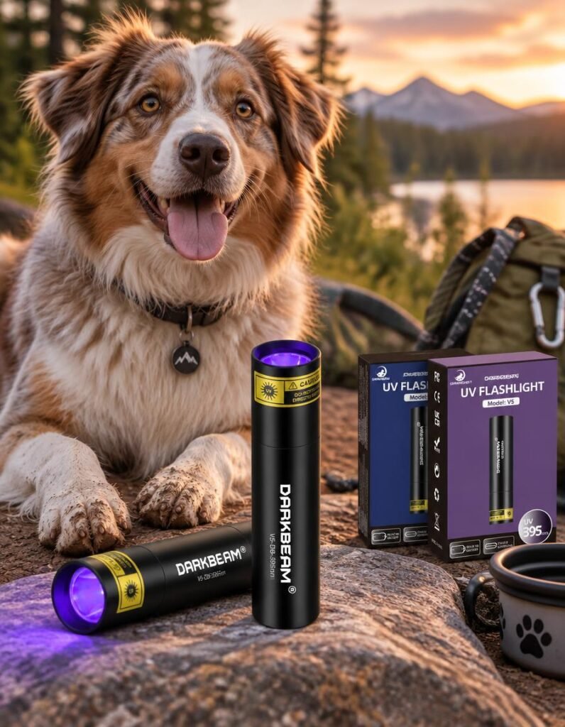 DARKBEAM 365nm and 395nm two-pack UV flashlights with packaging beside a dog outdoors