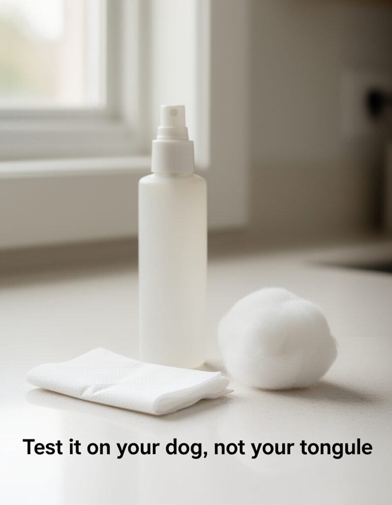 White bitter spray bottle beside a cotton pad and cotton ball, with the caption Test it on your dog, not your tongue