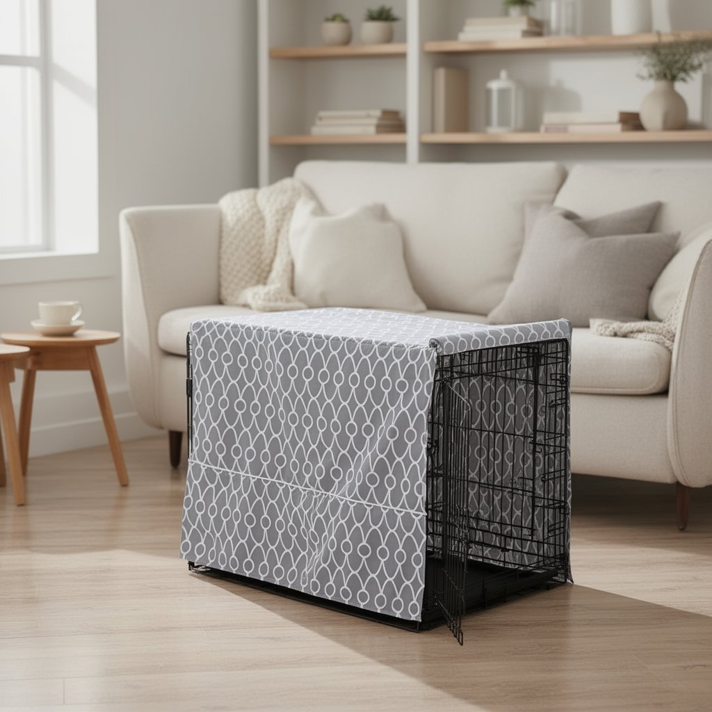 MidWest Quiet Time privacy cover in grey patterned fabric draped over a wire dog crate in a living room