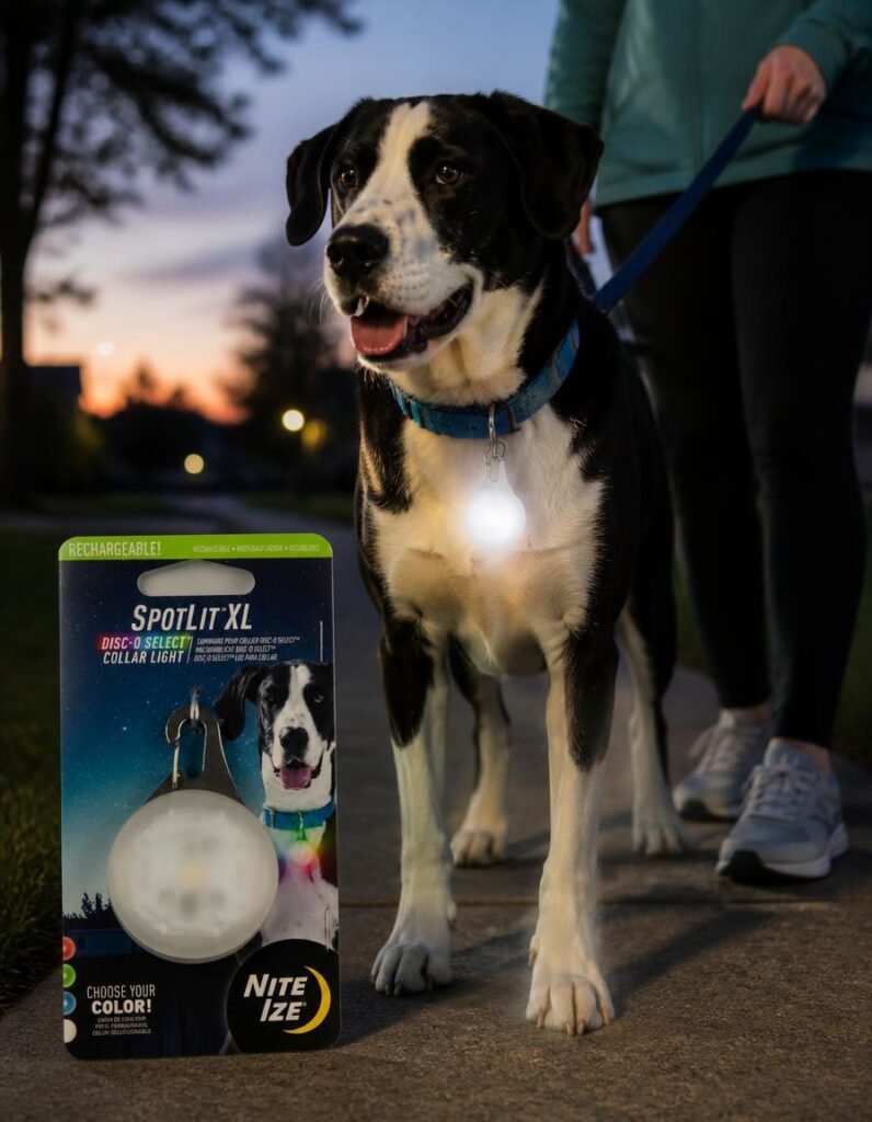 Black and white dog on a leash at dusk wearing a Nite Ize SpotLit XL collar light, with its packaging alongside