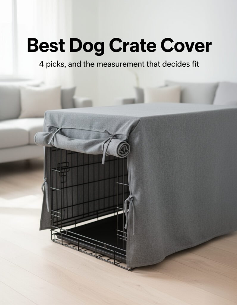 Wire dog crate fitted with a grey crate cover in a living room