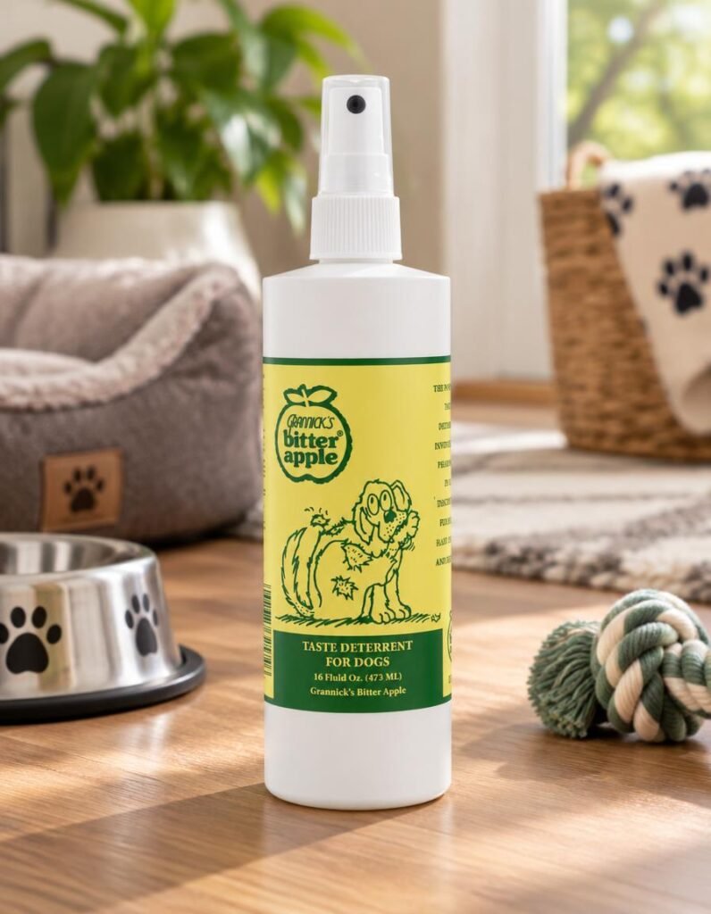 Grannick's Bitter Apple spray bottle next to a steel dog bowl and rope toy
