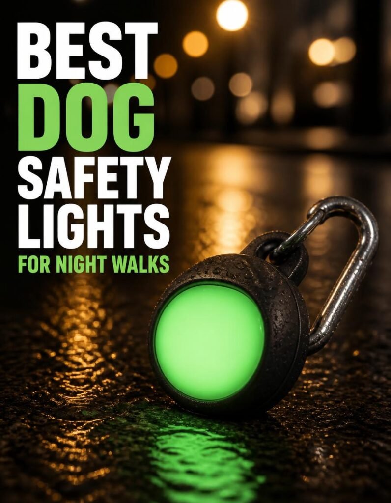 Green LED dog safety light with a carabiner clip glowing on a wet street at night