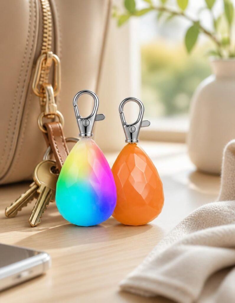 Three teardrop shaped clip-on dog lights in rainbow, blue and orange on a windowsill beside a set of keys