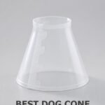 Clear plastic Elizabethan dog cone standing upright on a plain grey background