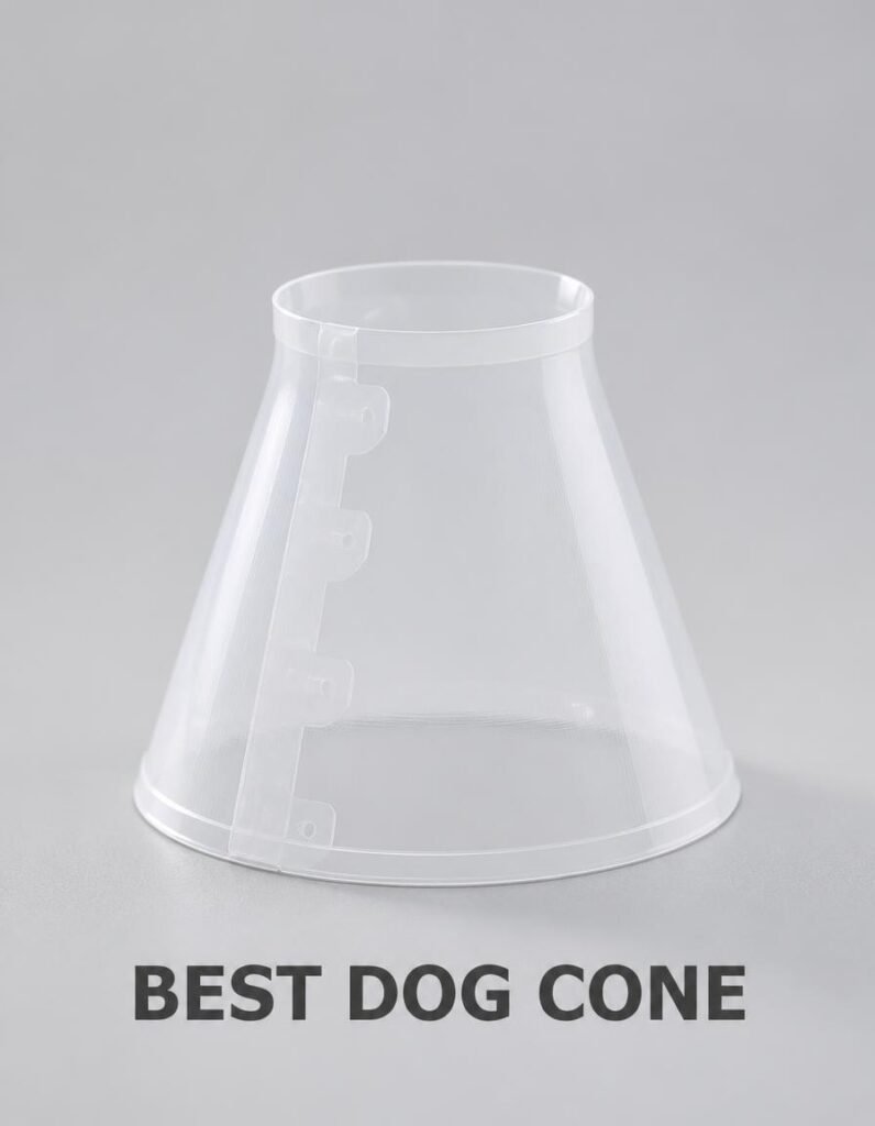 Clear plastic Elizabethan dog cone standing upright on a plain grey background