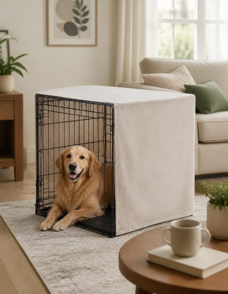 Golden retriever lying in front of a wire crate fitted with a cream Pet Dreams breathable crate cover