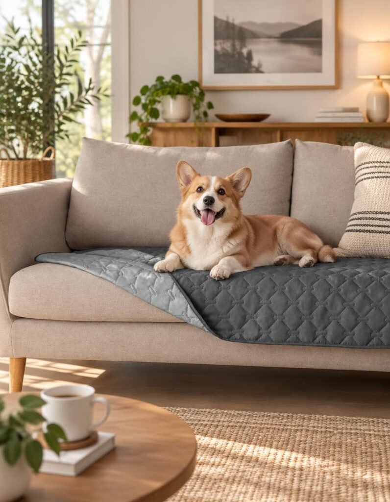 Corgi lying on a grey waterproof blanket runner across the sofa seat cushions