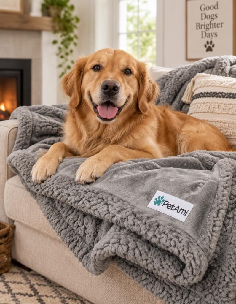 Golden retriever resting on a thick grey sherpa waterproof dog blanket on a sofa