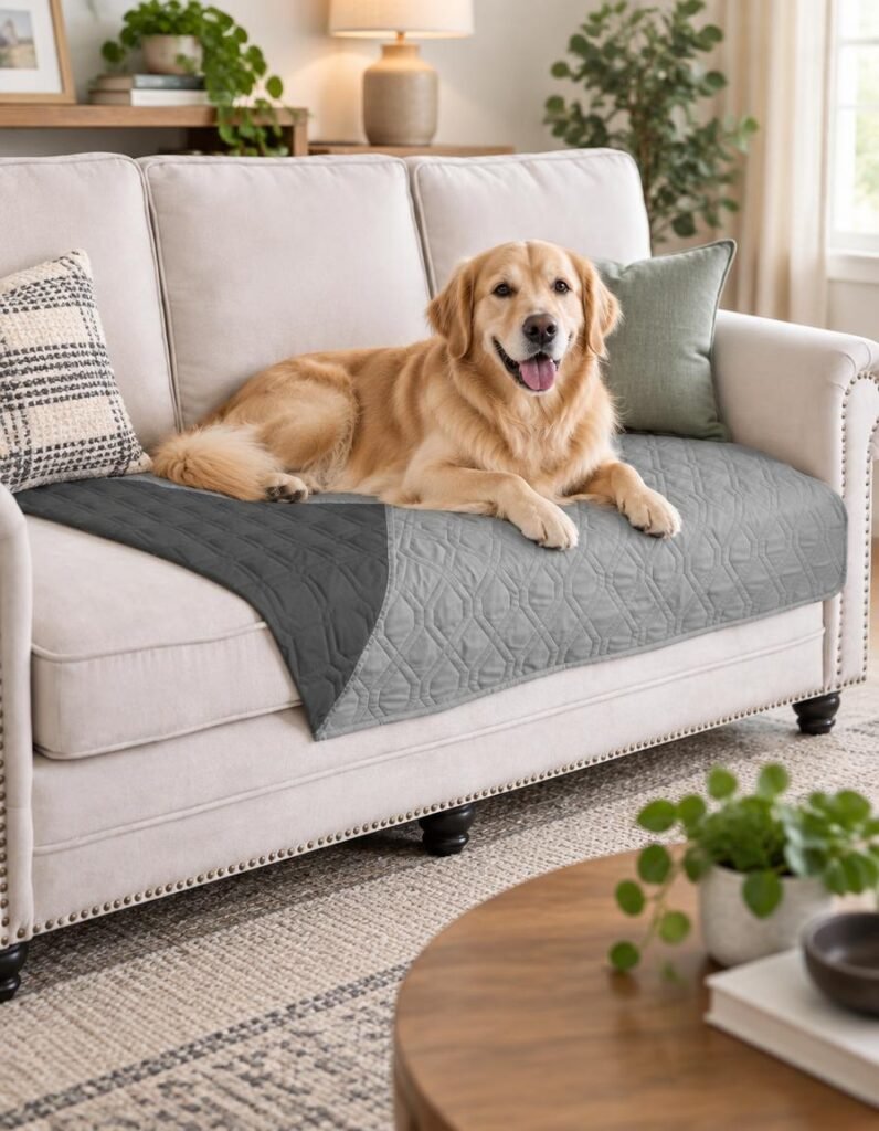 Golden retriever on a grey reversible waterproof blanket runner on a cream sofa