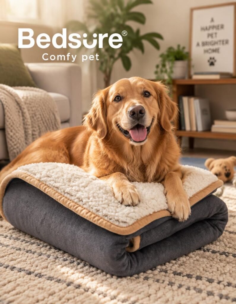 Golden retriever lying on a folded corduroy and sherpa waterproof dog blanket