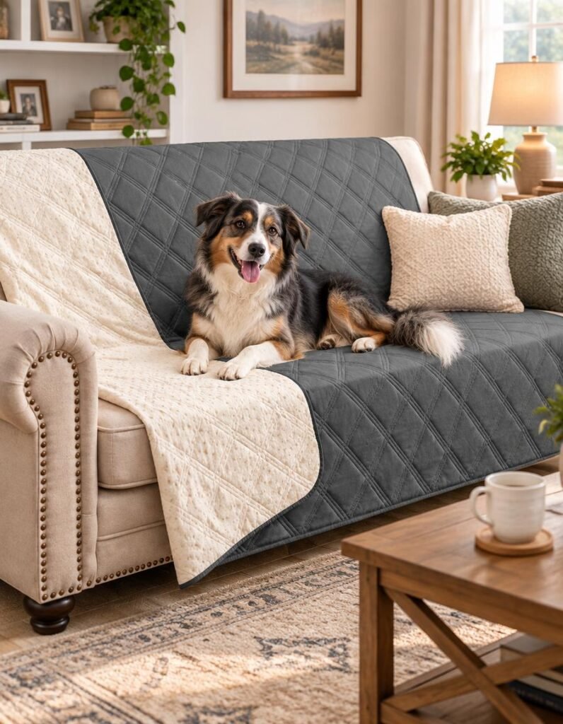 Dog lying on a grey quilted waterproof blanket covering a beige three-seat sofa