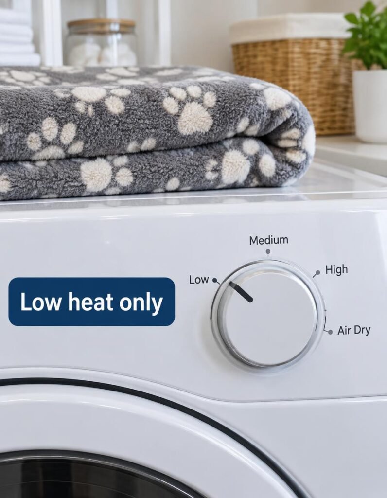 Dryer dial set to low heat with a folded paw-print pet blanket on top