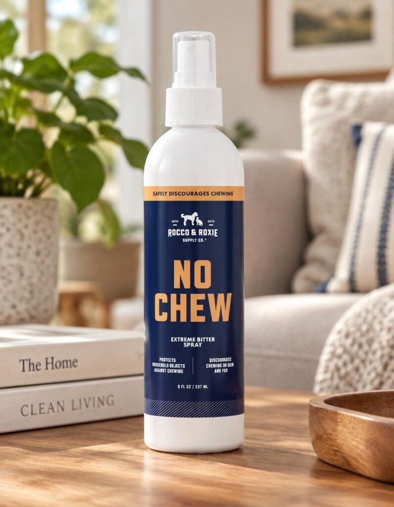 Rocco & Roxie No Chew Spray bottle on a wooden floor in a living room