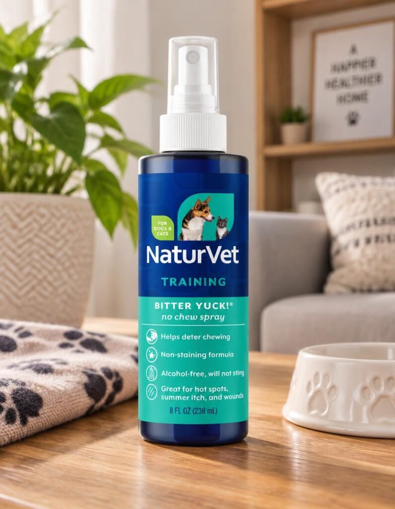 NaturVet Bitter YUCK! No Chew Spray bottle beside a paw-print blanket and dog bowl