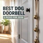 Brass dog doorbell bells on a leather strap hanging from a white interior door handle