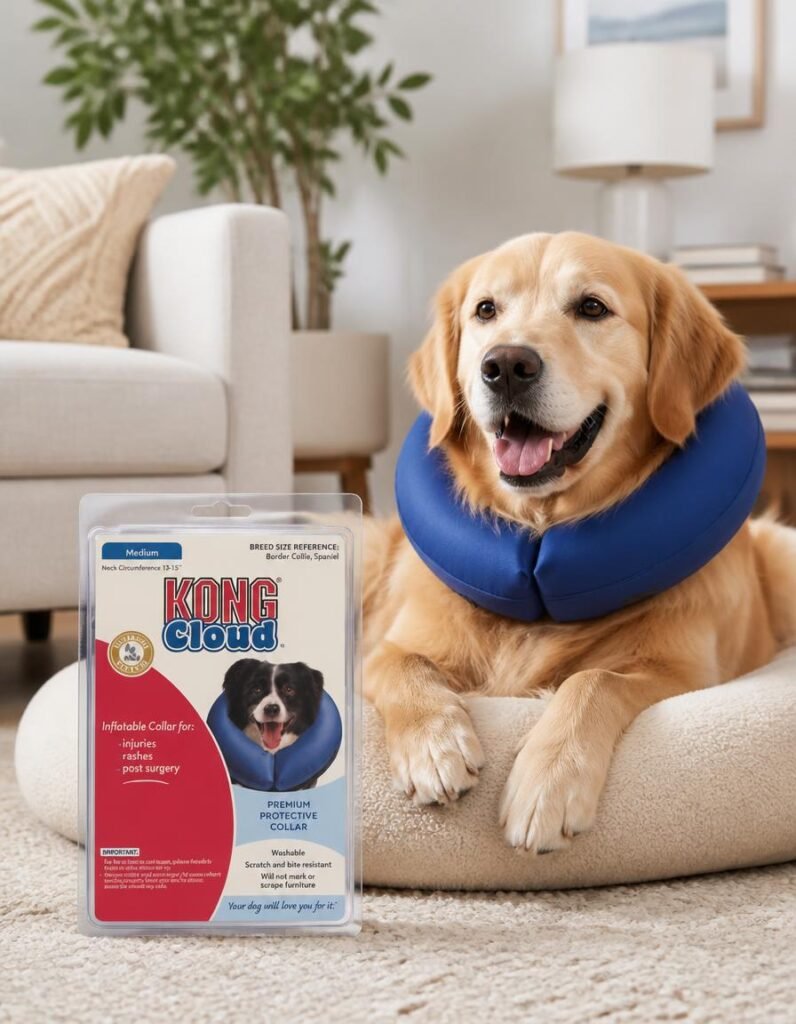 Golden retriever on a dog bed wearing a blue KONG Cloud inflatable collar, with the product box alongside