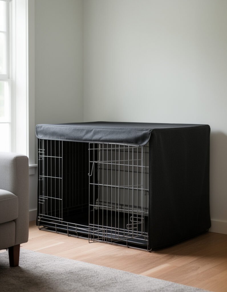 Black wire dog crate with a dark cover in a bright living room, the front panel left open