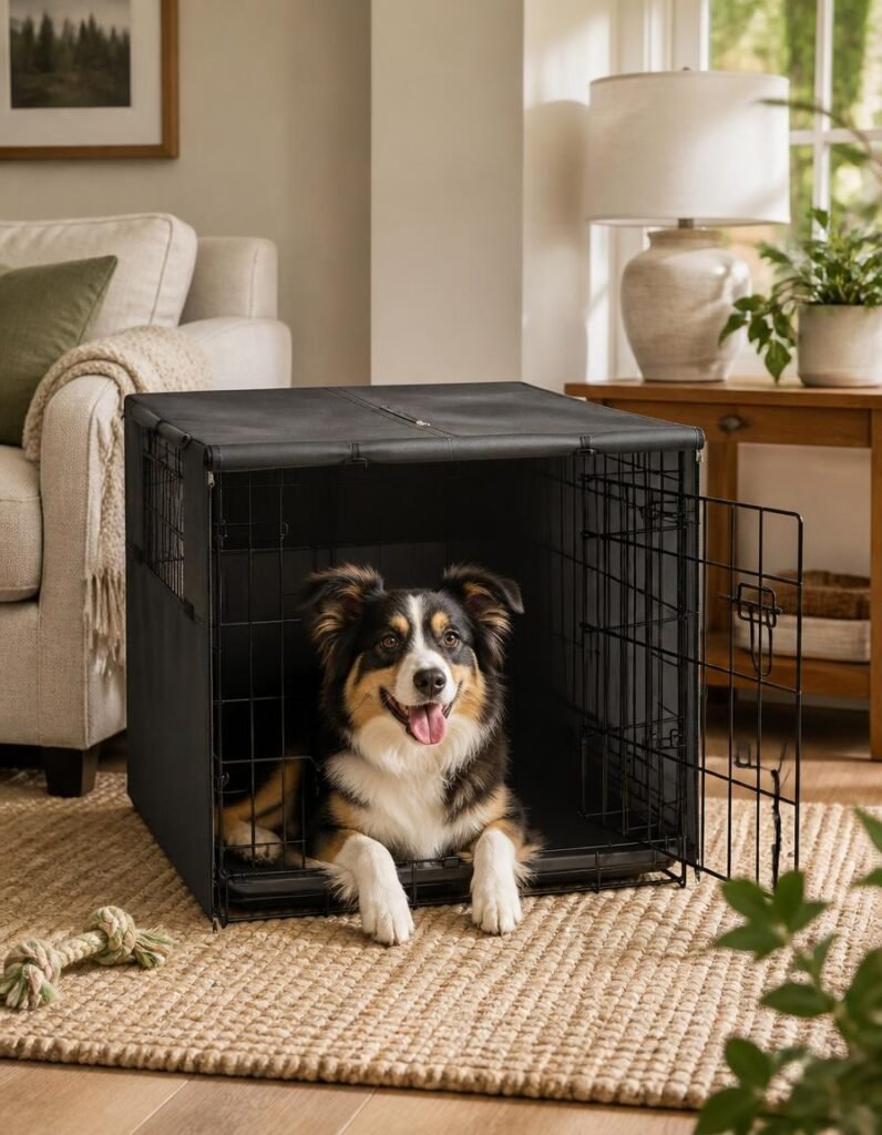 Australian shepherd lying in the doorway of a wire crate under a black heavy duty polyester cover