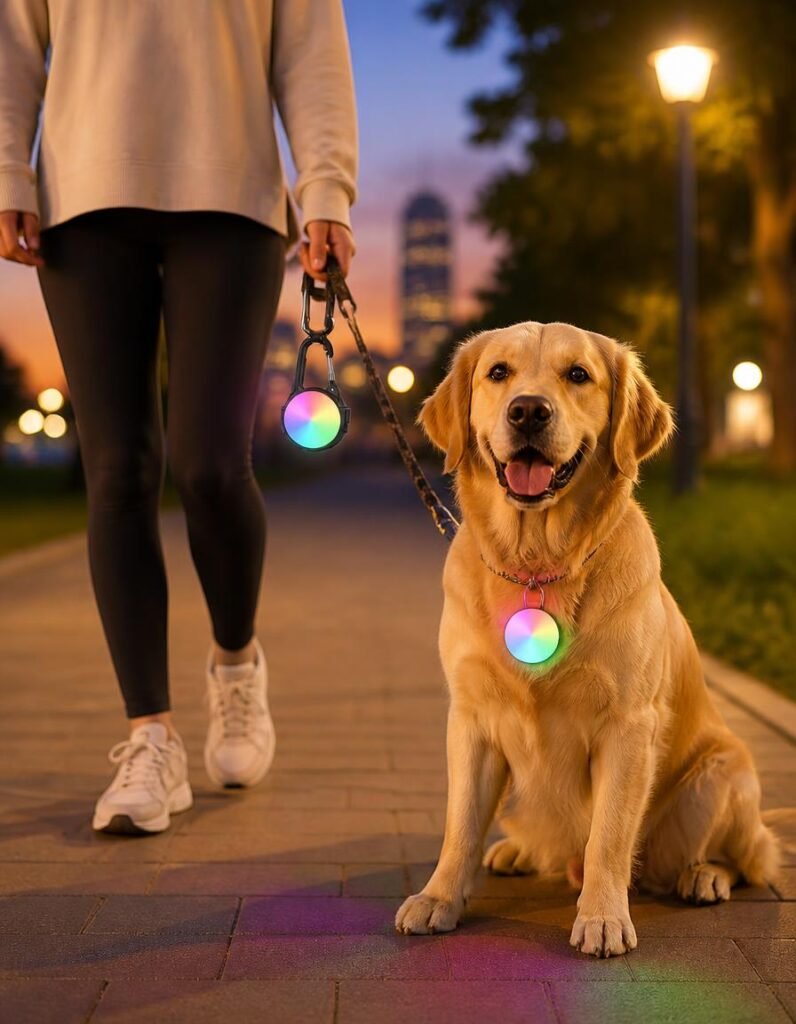 Owner walking a golden retriever at night, the dog wearing a colour changing collar light on a lit path